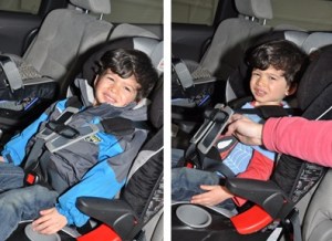 Child in car seat with bulky jacket both photos