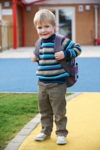 Little Boy Going To School Wearing Backpack