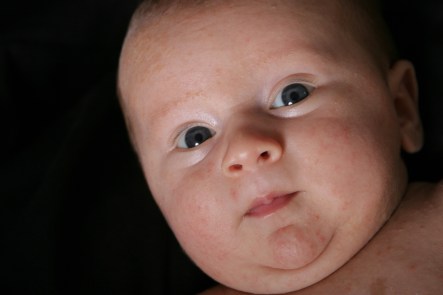 A newborn baby looks at the camera, as a close up shot is taken of his face.