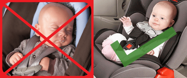 2 pictures of babies in car seats. Picture on the left shows baby incorrectly harnessed with harness loose and chest clips too low. Picture on the right shows baby correctly harnessed.