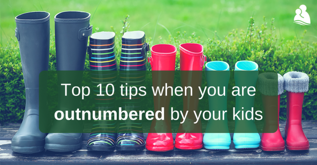 2 pairs of adult rainboots and 3 pairs of children's rainboots with caption: Top 10 Tips when you are outnumbered by your kids