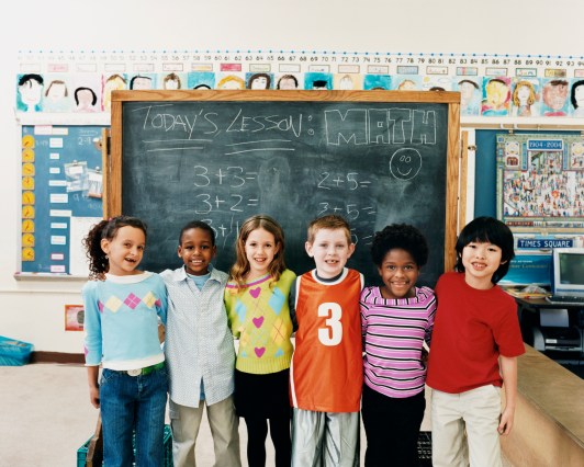 Portrait of Primary Schoolboys and Schoolgirls Standing in a Line in a Classroom